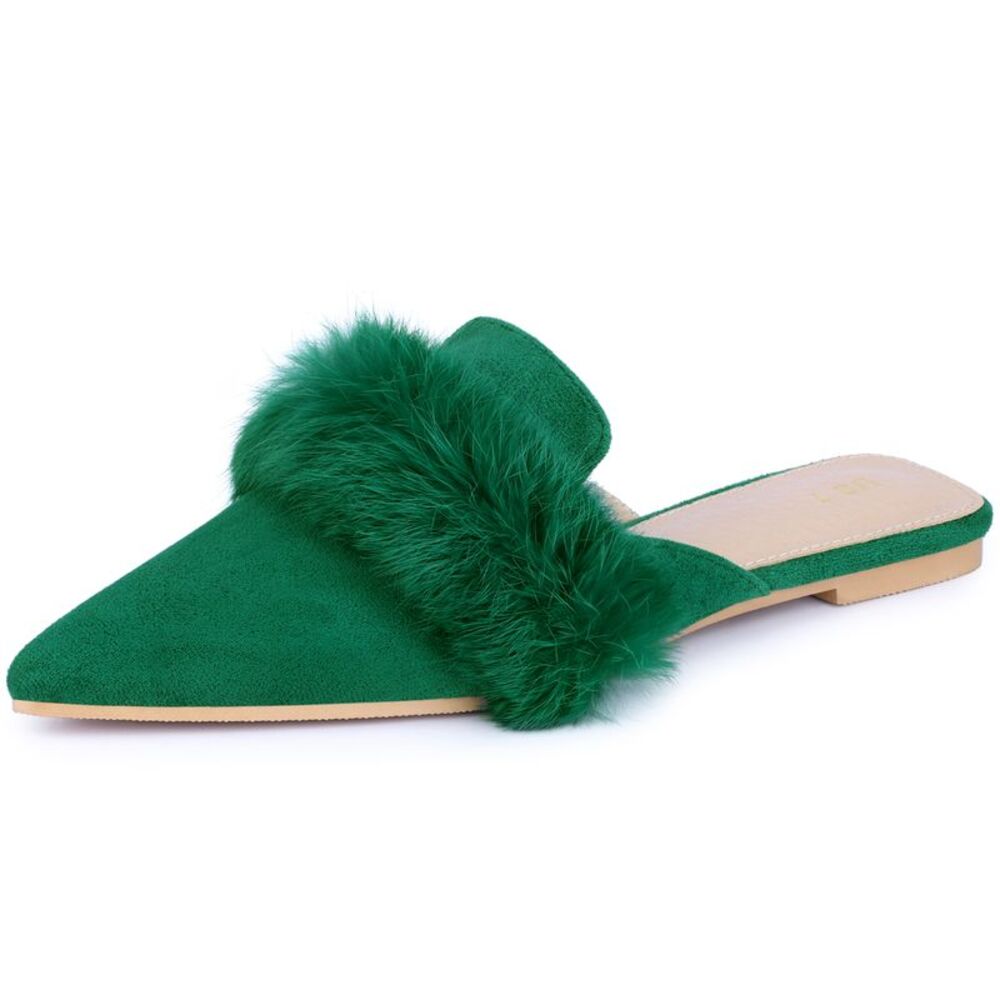 Pointed Toe Faux Fur Slip on Flat Slide Mules Green